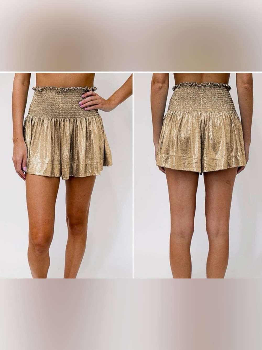 NWT Queen of Sparkles Gold
Shimmer High Waisted Shorts
Smocked Waist. Size Large